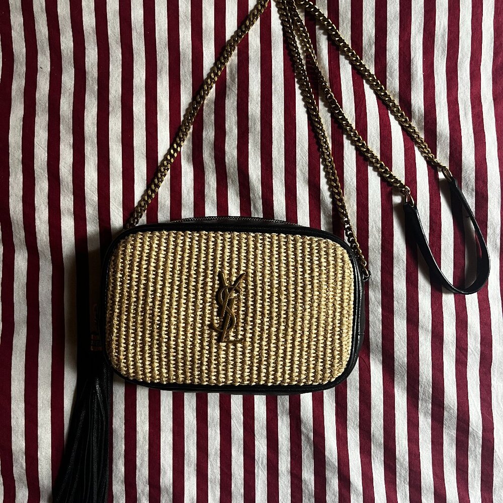 Saint Laurent YSL Raffia Straw Crossbody Bag Gold Chain Tassel Summer Bag